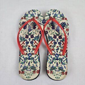 Tory Burch Size 8.5 Red Thong Flip Flop Sandals Floral Footbed Rubber
